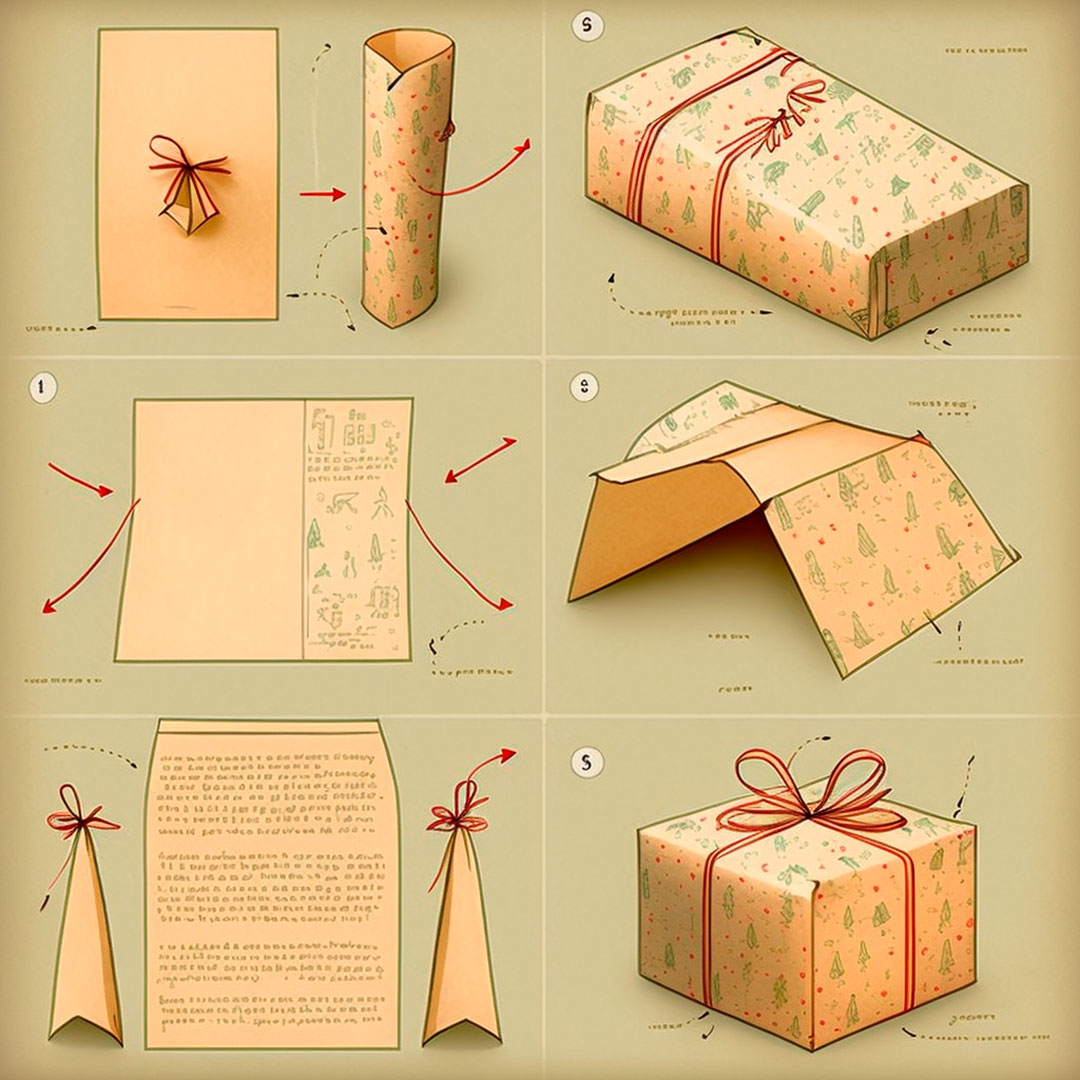 Instruction manual in 6 steps on how to wrap a gift with typical Christmas paper.
