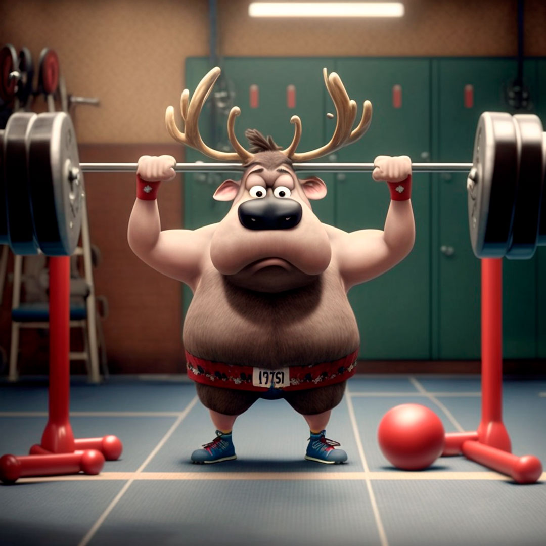 Rudolph the reindeer weighlifting at the gym. Pixar style.