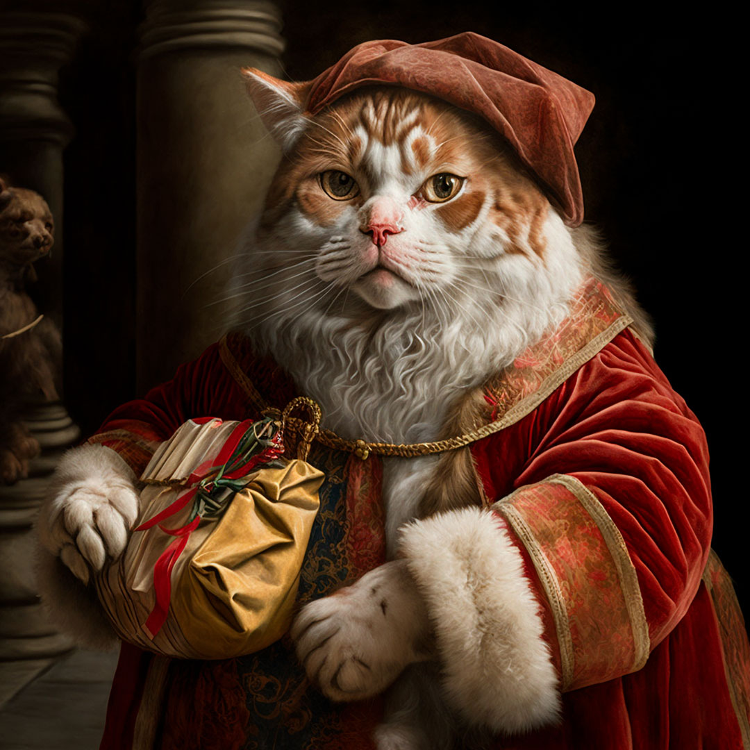A painting of a cat dressed as Santa Claus, with gifts on his hands in Sandro Botticelli style.