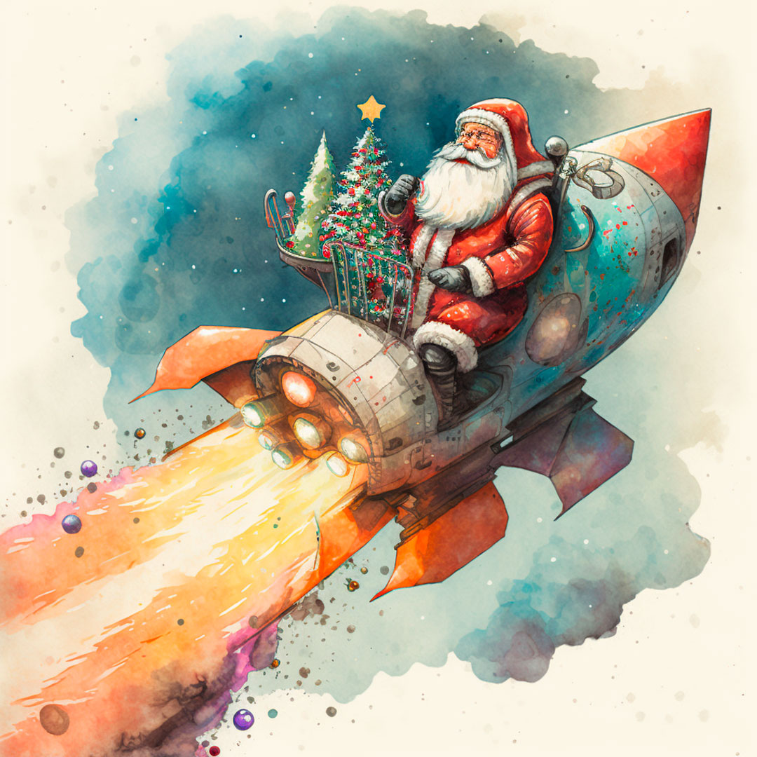 Watercolor and pen illustration of santa claus on a Christmas rocket, outer space full of stars and presents, detailed.