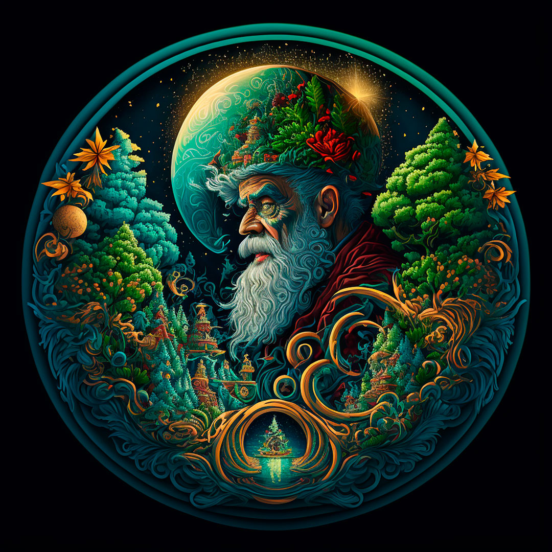 Olentzero, vasque tradition, highly detailed trippy illustration.