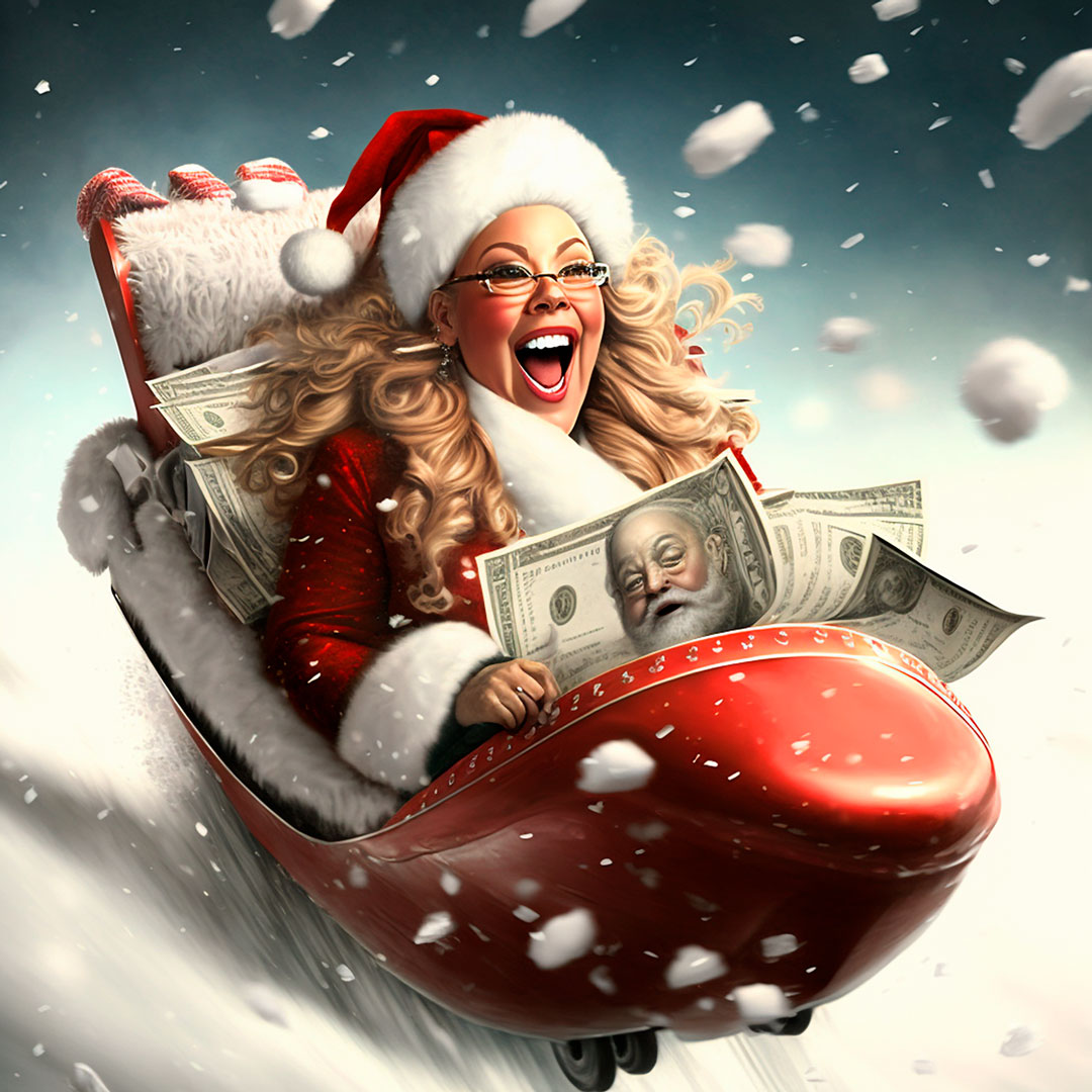 Mariah Carey dressed as Santa Claus flying in a Christmas sleigh full of dollar bills, photorealistic. HD.