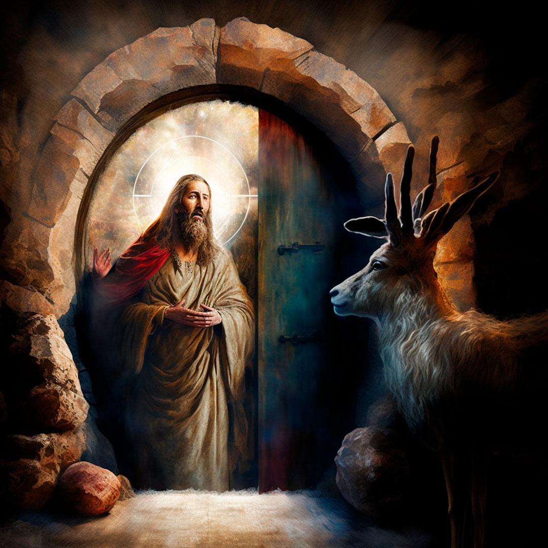 Rudolph the red nosed reindeer next to Jesus Christ in the portal of bethlehem, digital painting.