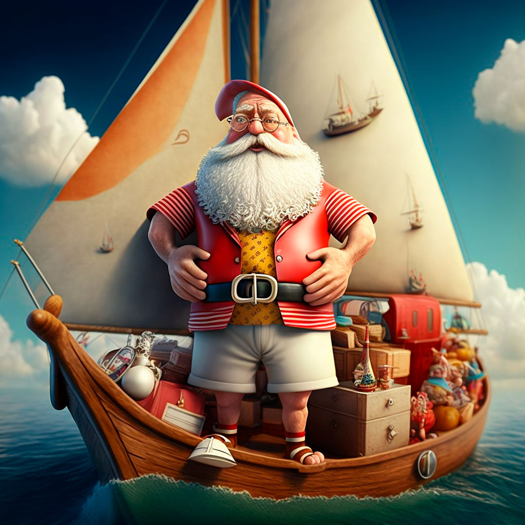 3D render of Santa Claus with short trousers and a hawaiian shirt in a sailboat full of gifts in the style of Pixar.