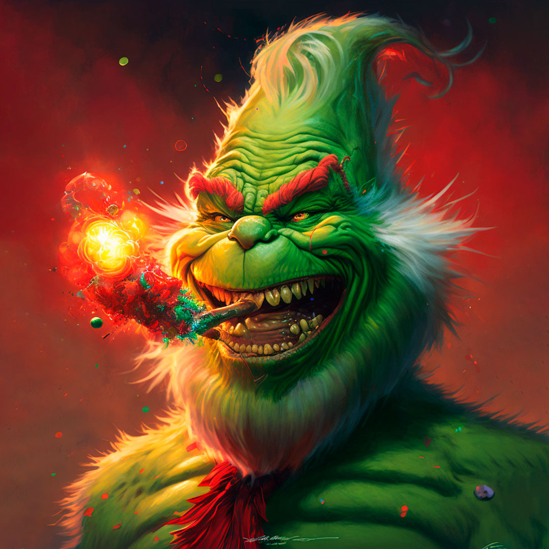 Hyper realistic Grinch smiling with a cigar in his mouth and a colorful explosion behind him.