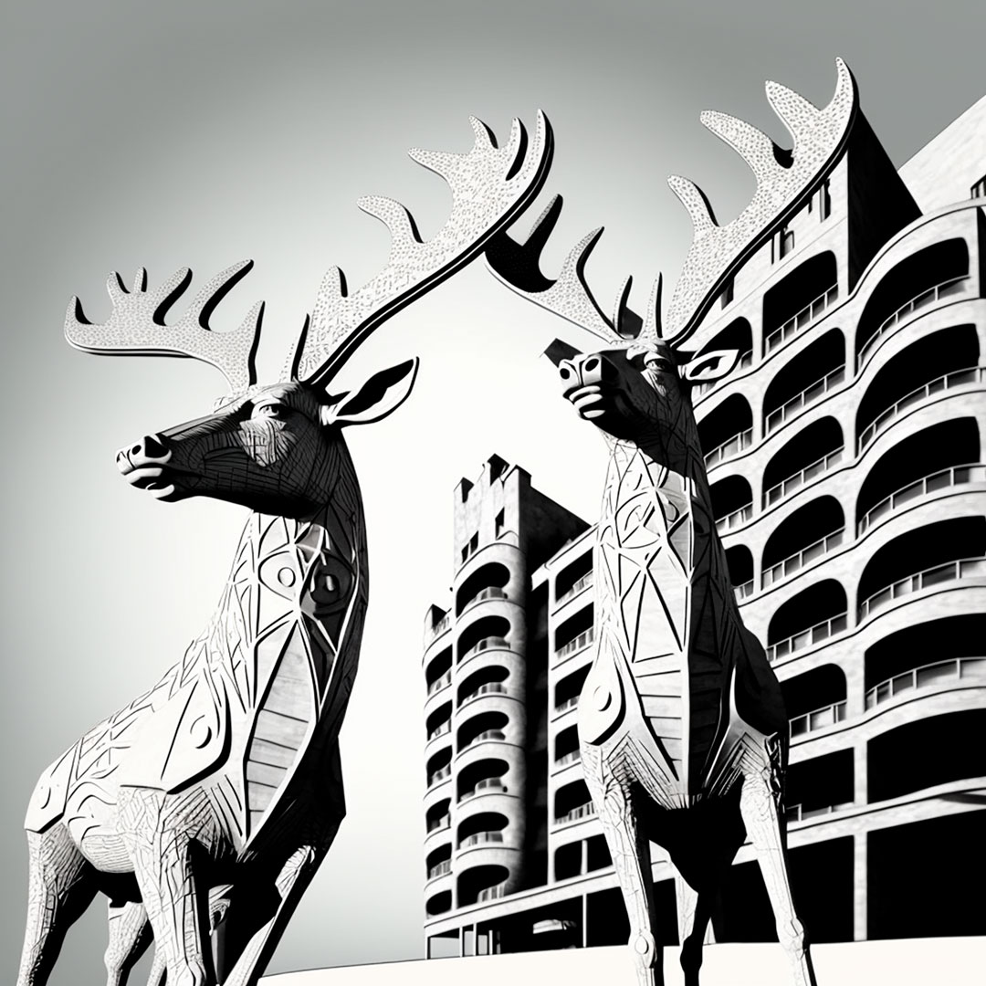 Christmas reindeers on Casa Mila, Barcelona, Modernism, Line art style. High detailed. Gaudi.