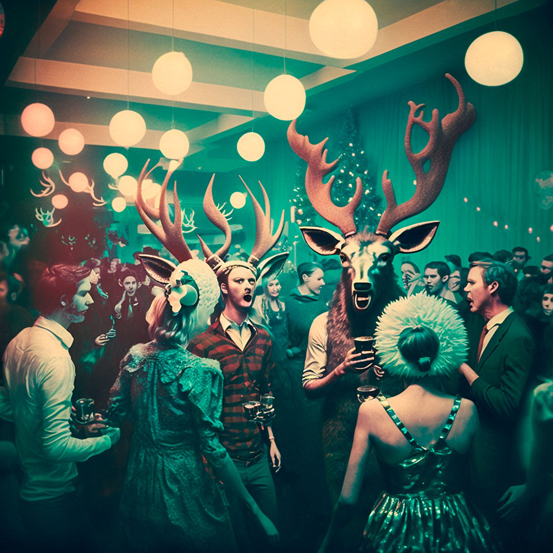 An electropop Christmas party with reindeers and people dancing, high mood. Kodachrome.