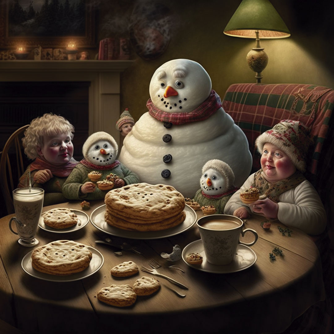 A family of snowmen having dinner, mince pies, wideshot, photorealistic.