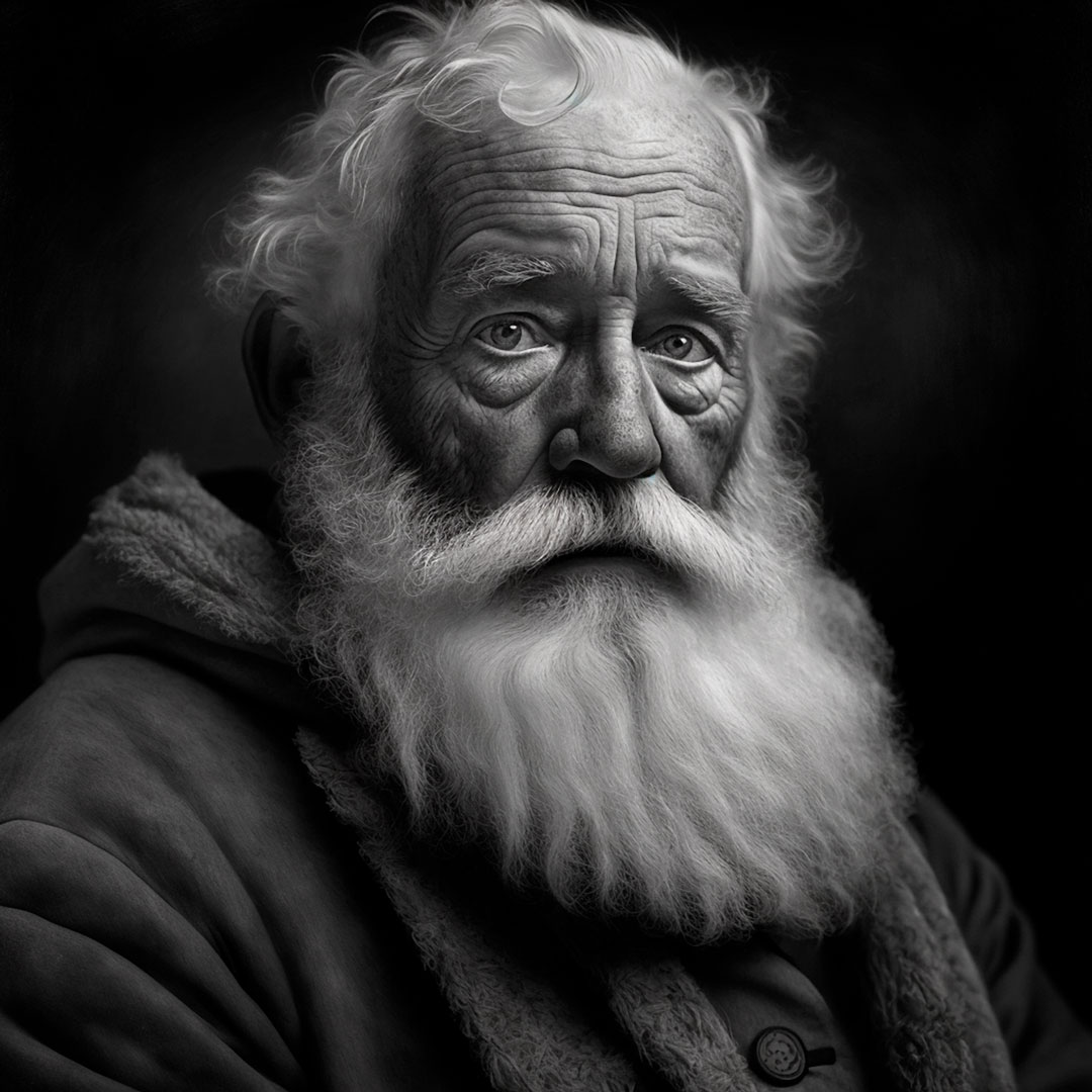 A realistic photographic portrait of Santa Claus by Dorothea Lange, black and white, HR.
