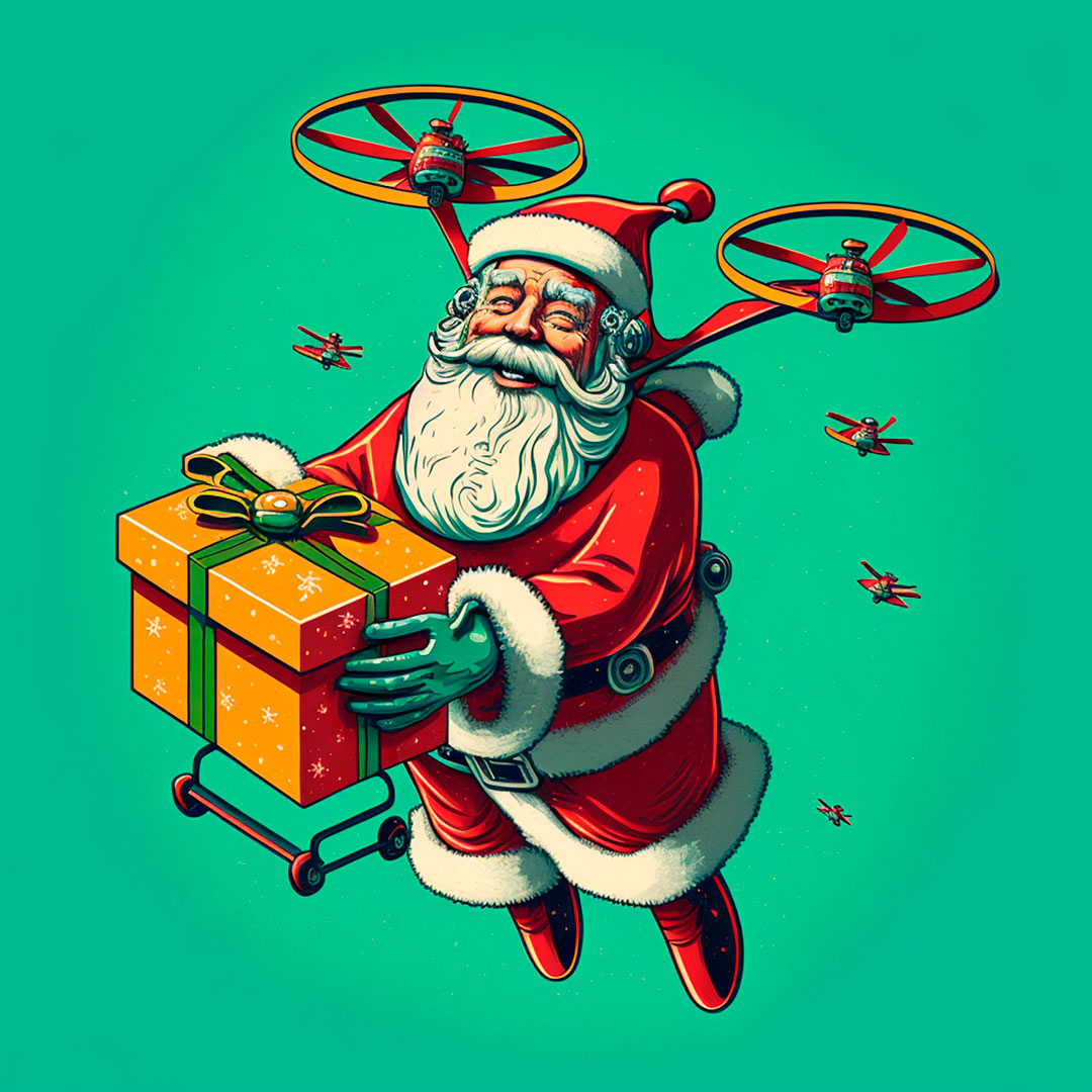 Santa claus using drones to give presents pop art.