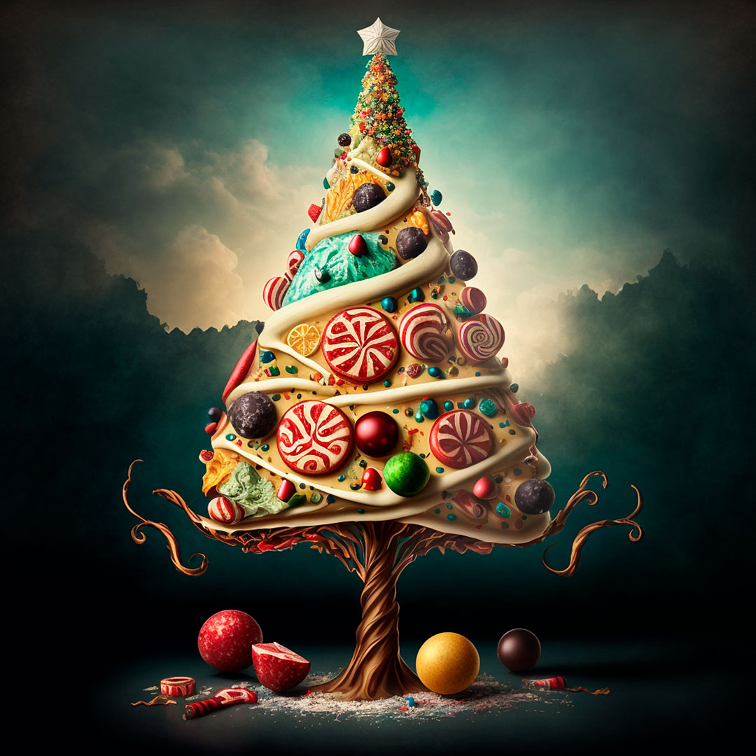 Christmas tree decorated with Christmas sweets and drawn in the style of Salvador Dalí.