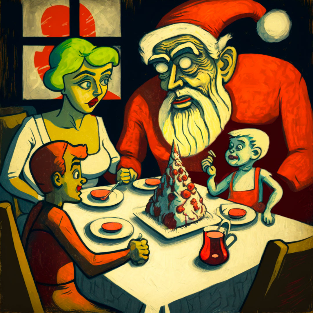 The Grinch bitter, disguised as Santa Claus, sitting at a table with a joyful family celebrating Christmas, Kandinsky style.
