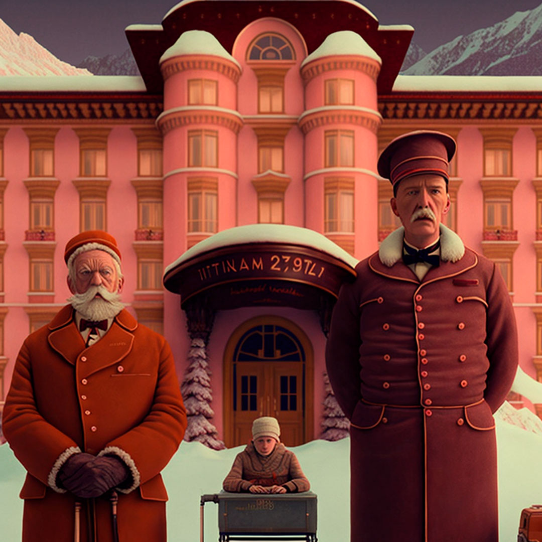 A still frame of a movie about Santa Claus directed by Wes Anderson, The Grand Budapest Hotel.