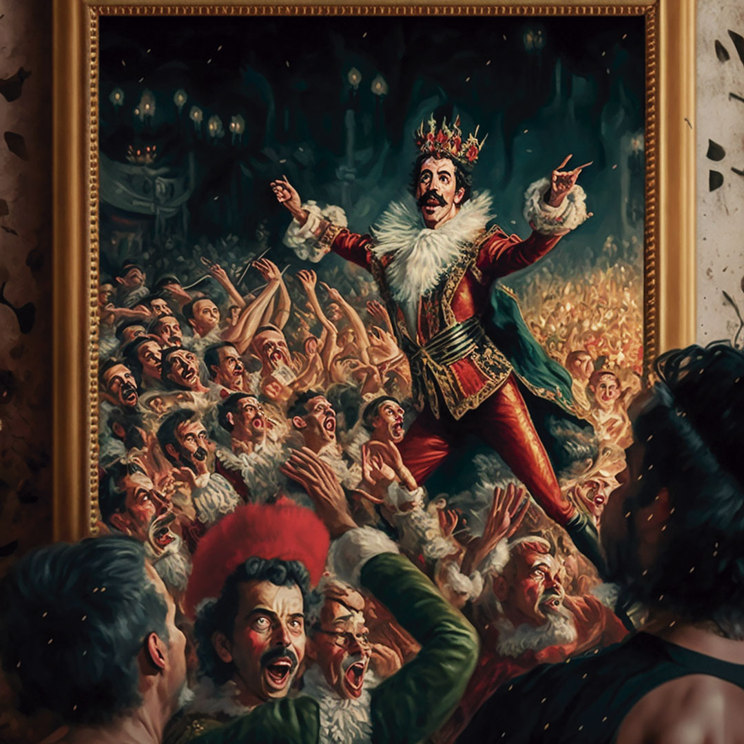 A renaissance painting of Freddy Mercury performing in front of an audience of dancing elves and reindeers, wide shot, christmas decoration, high mood, positive energy.