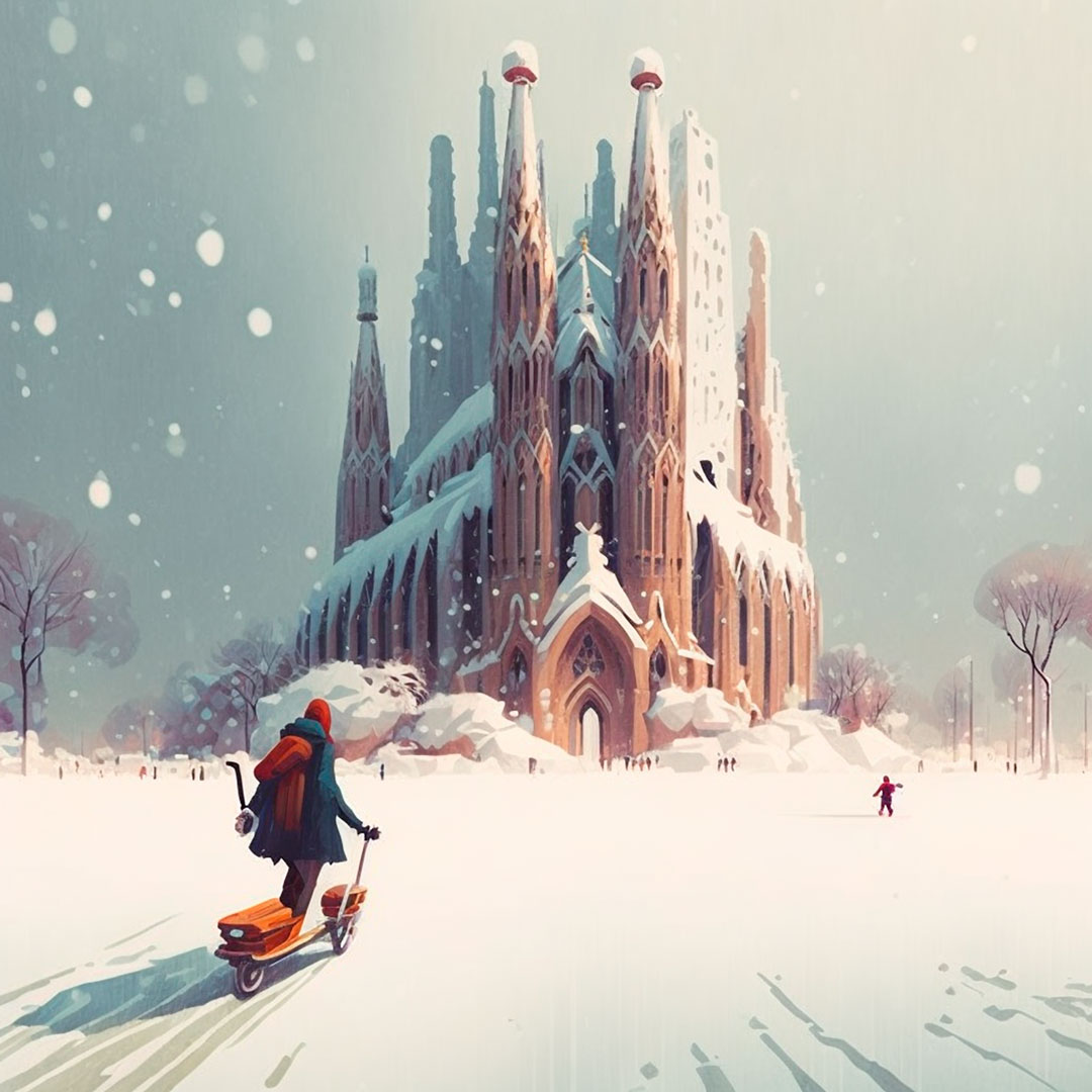 The Sagrada Familia church in a snowy landscape. A kid is crossing the sky on his sledge. Satoshi kon style.