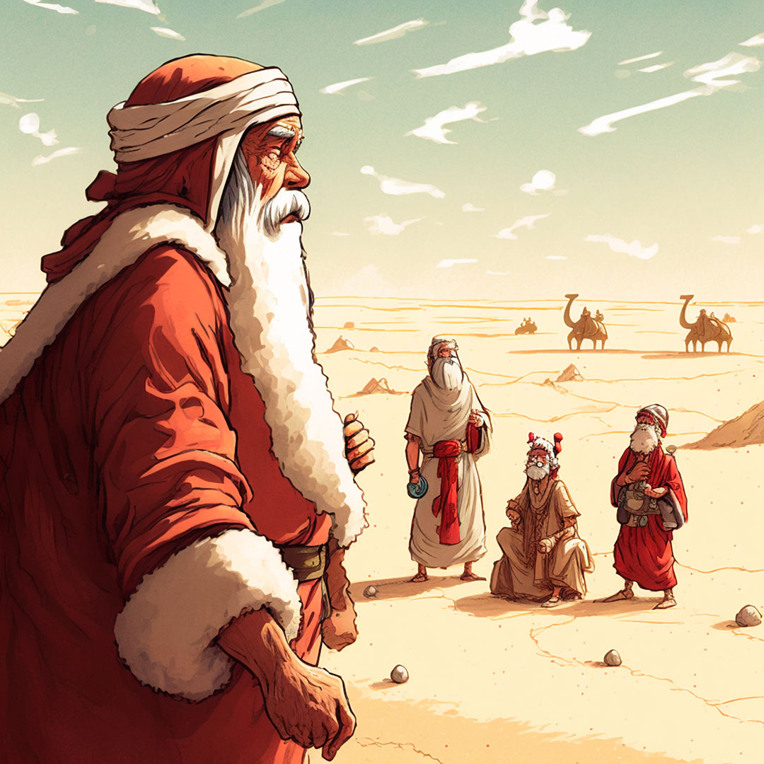 Santa Claus lost in the desert talking to the three wise men in comic/manga style.