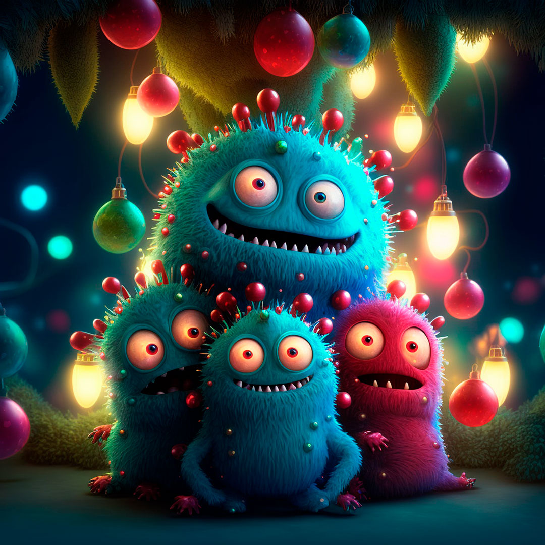A family of cute furry Christmas tree monsters, smiling, surrounded by Christmas lights, 3d style.