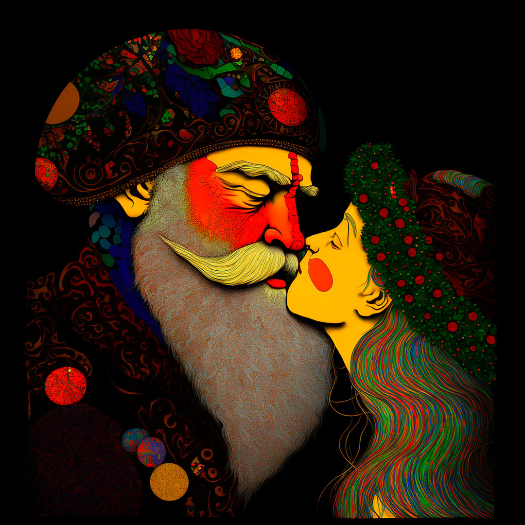 The Grinch kissing Santa Claus, Gustav Klimt style.
