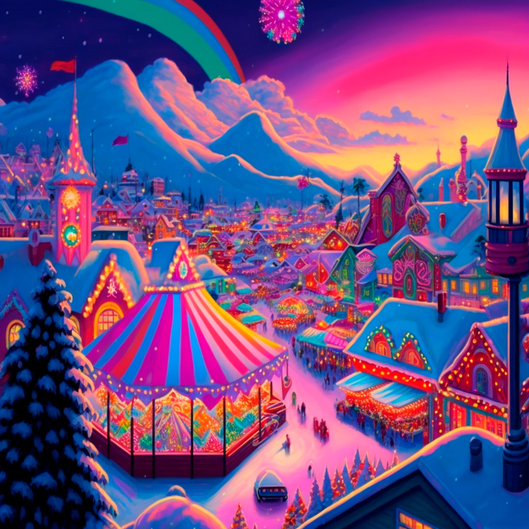 Snowy Christmas village with fair and lights, lively, bright, colorful, overhead view, Realism, in the style of Lisa Frank.