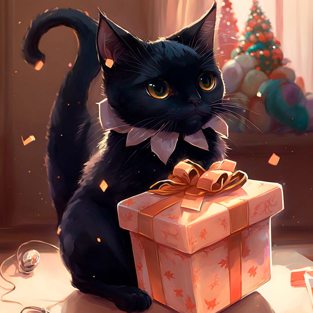 A black cat opening a christmas present in anime style.