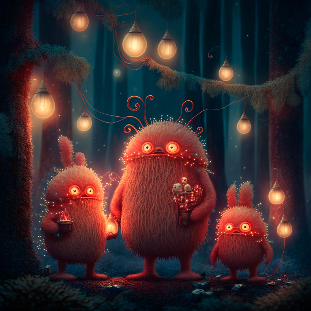 A family of little joyful red furry monsters celebrating Christmas in a misty forest with Christmas lights.