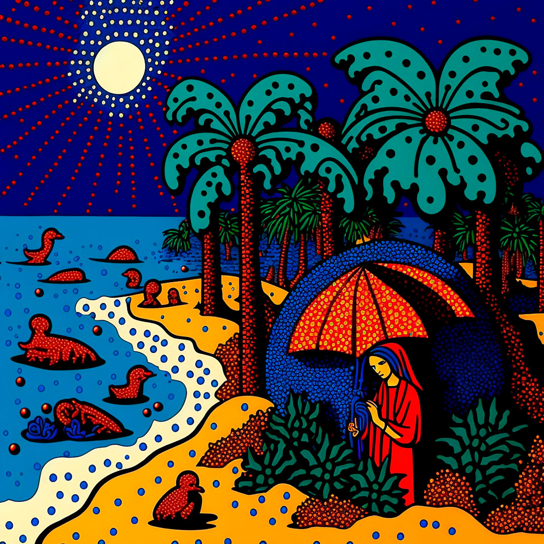 The Nativity scene recreating the birth of Jesus Christ on a tropical beach. Yayoi Kusama style.