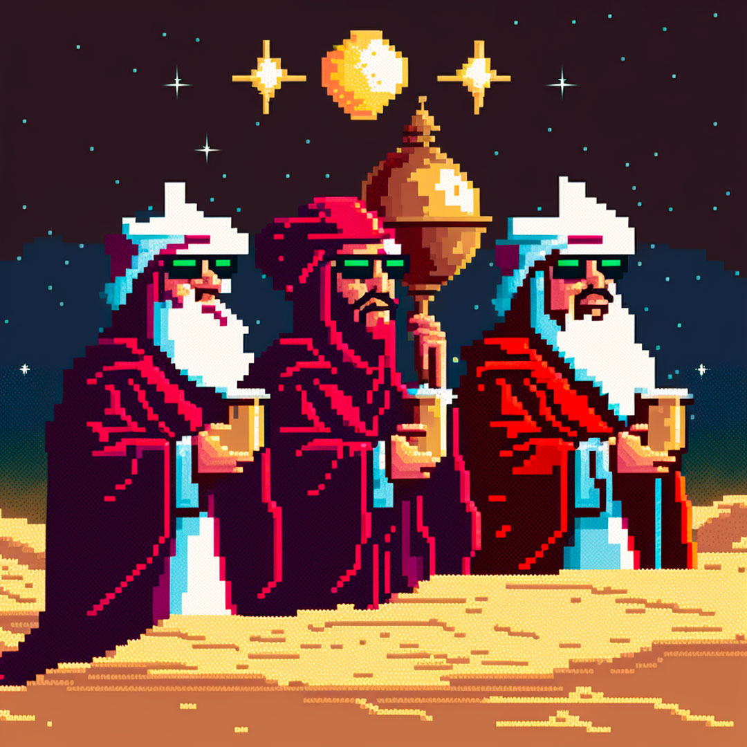 The three wise men with a cup of red wine wearing fancy sunglasses at Sahara desert. The three wise men are following a giant star. Pixel art.