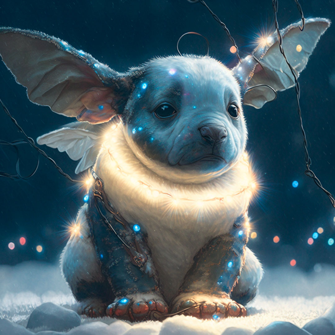 Hyper realistic Stitch with christmas lights around him making an angel in the snow.