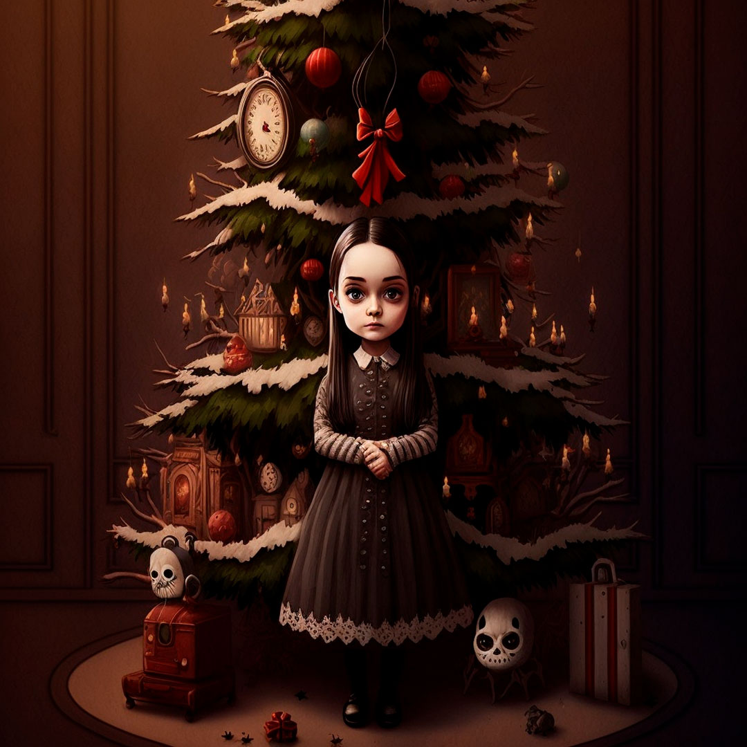 Wednesday Addams decorating a Christmas tree with Halloween ornaments, studio lighting, horror style, high detail, artwork by Tim Burton.