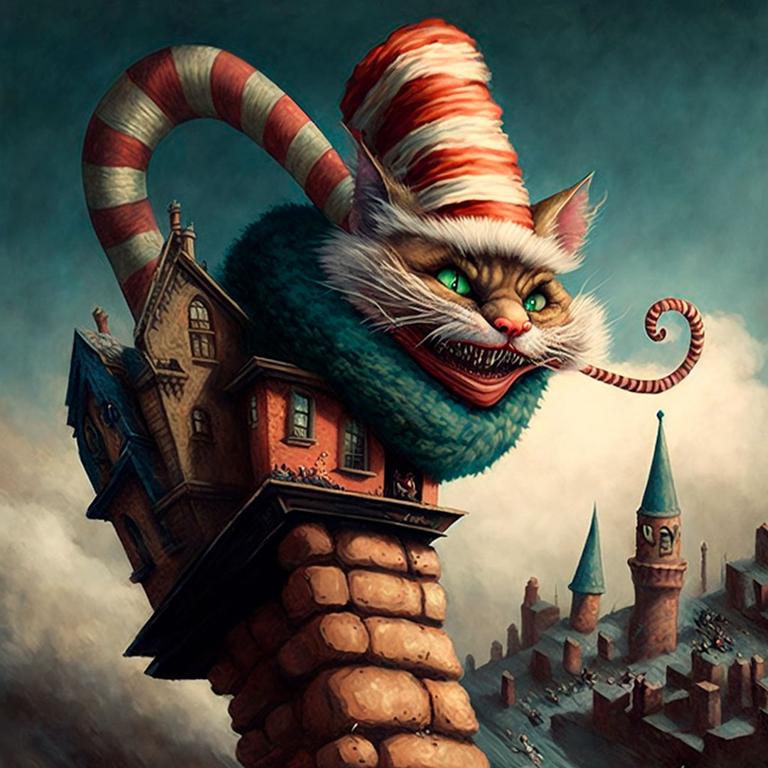 A surrealist painting of the Cheshire cat going up a chimney with presents dressed as Santa Claus.