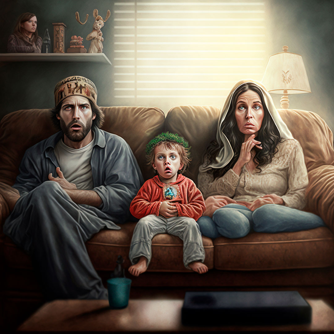 Mary, Joseph and Kid Jesus on the sofa being very bored watching television on a christmas decorated living room, photorealistic.