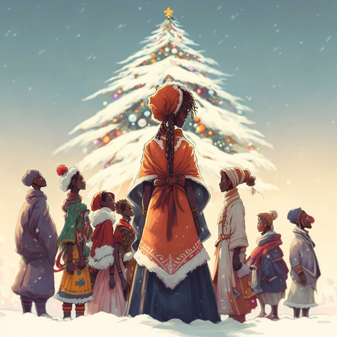 A snowy Christmas tree, and below 12 people dressed as Africans waiting below looking up. Anime style of course!