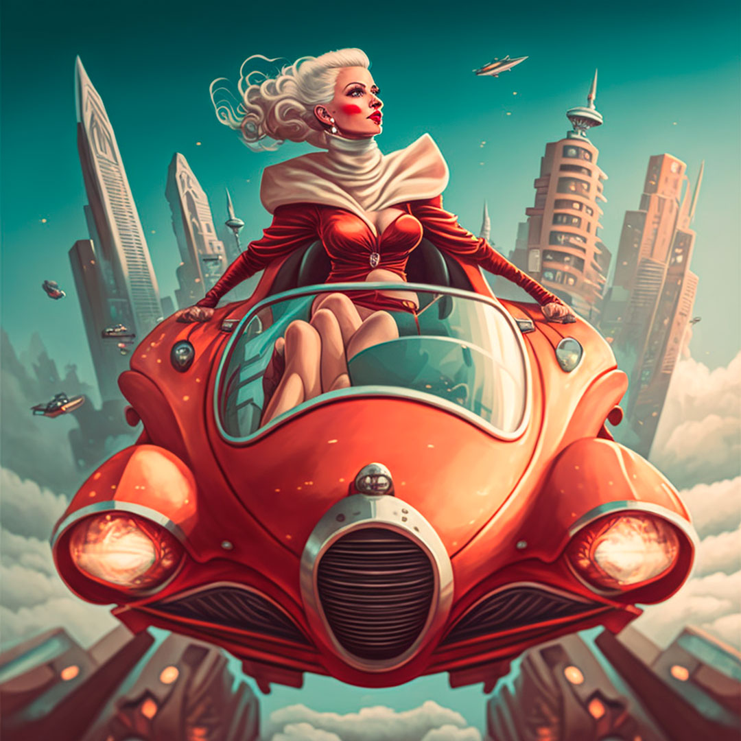 Mrs. Santa Claus in a flying car flying over a futuristic city, surreal retro-futuristic style, high detail.