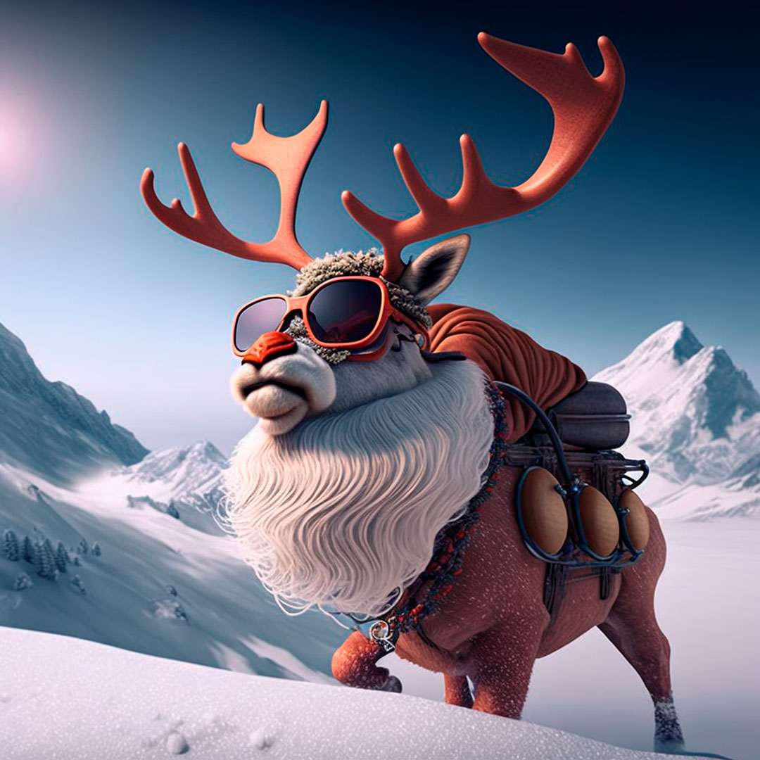 Rudolph the reindeer riding Santa Claus, wearing sunglasses, down a snowy mountain style: 3D render, houdini 3D, octone 3D.