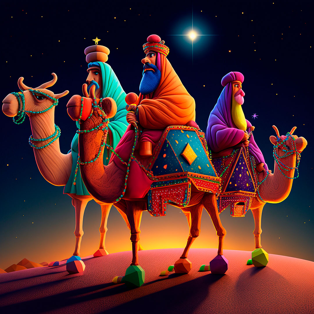A 3D render of The three wise men, each on a camel, with gifts, guided by a star at night, through the desert, in the style of the movie “Luca” by Pixar. Colorful. Happy Mood.