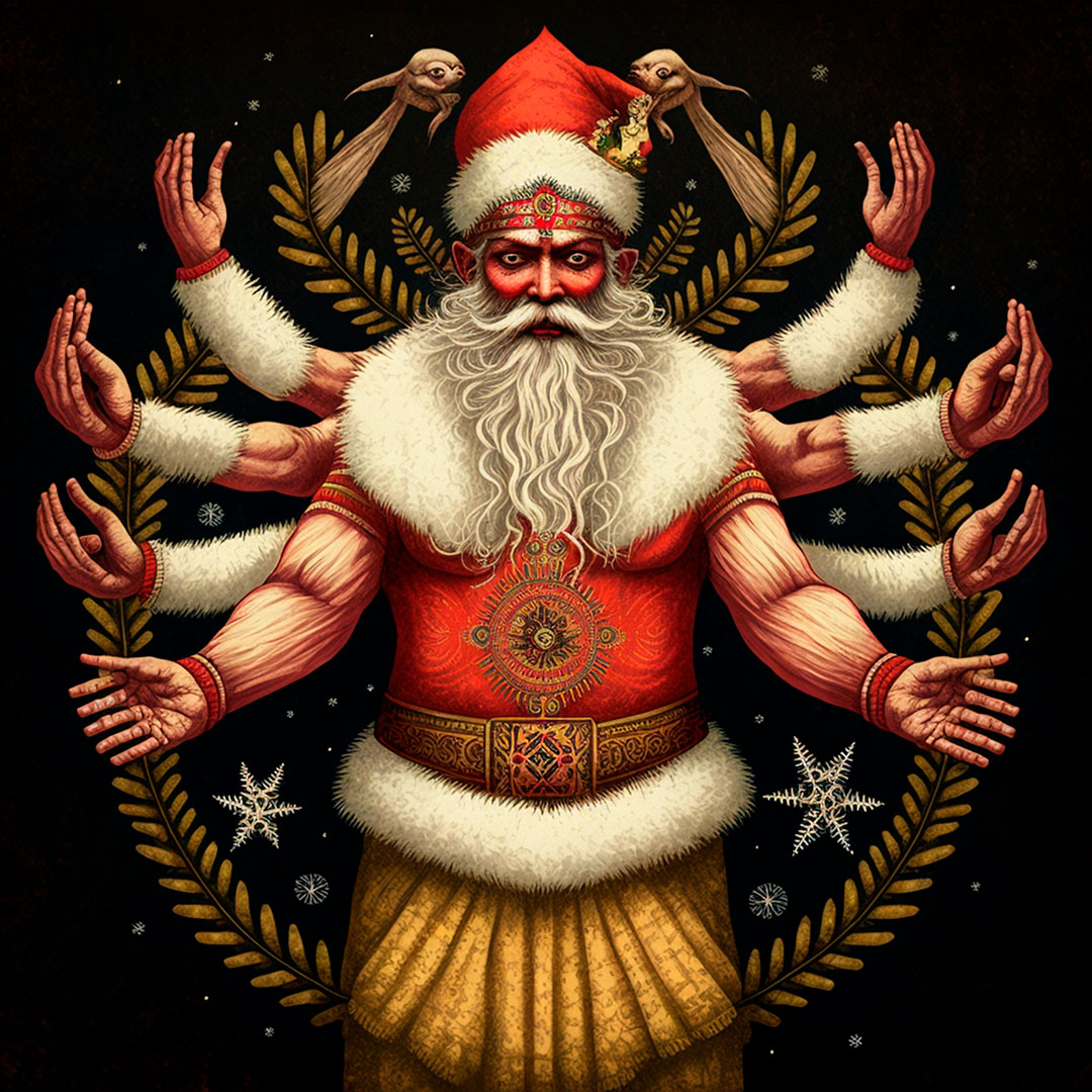 A Santa Claus with 8 arms, in the style of traditional indian illustration.