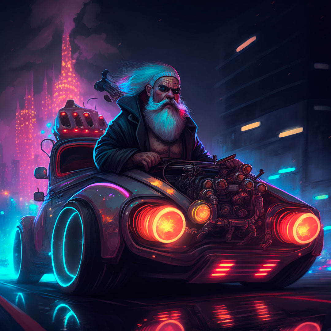 A Ciberpunk Santa claus driving a futuristic car. City background. Neon Lights. Dark. Smoke. High detail.